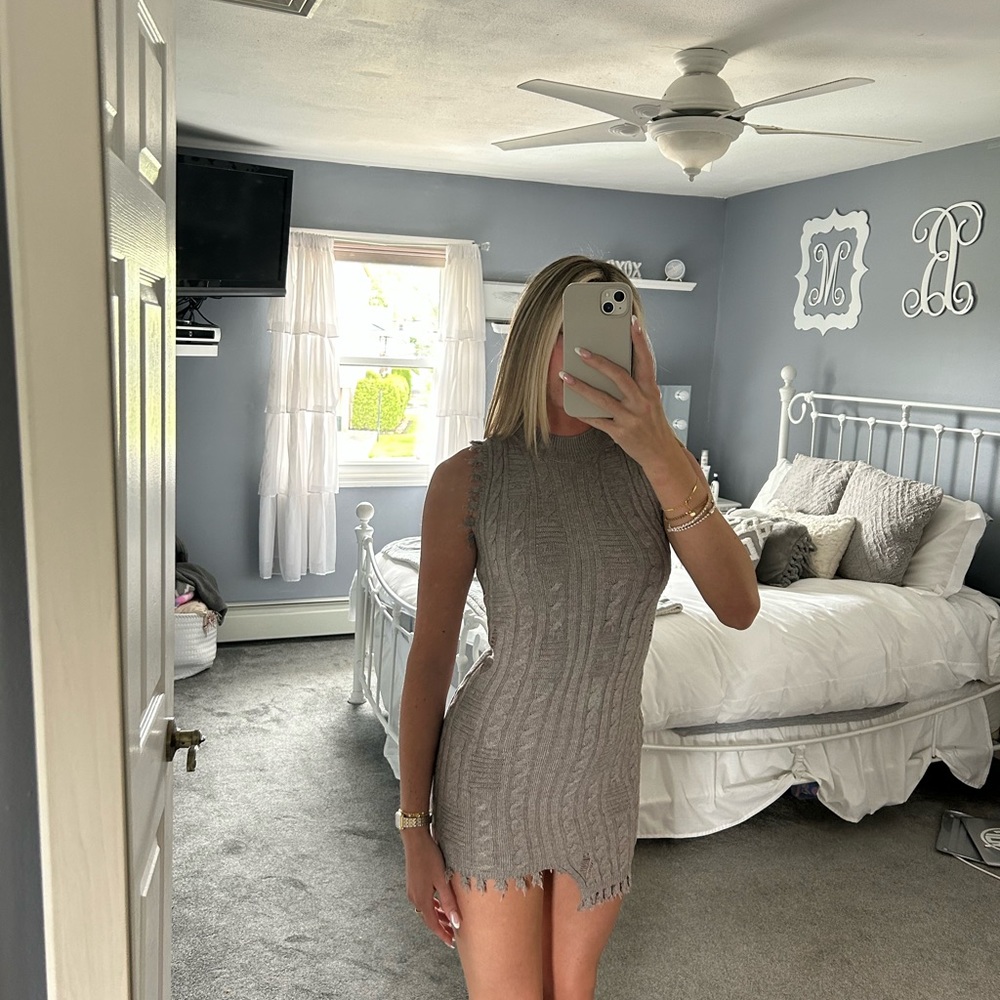 KNIT DISTRESSED TAUPE MINI DRESS!!!!